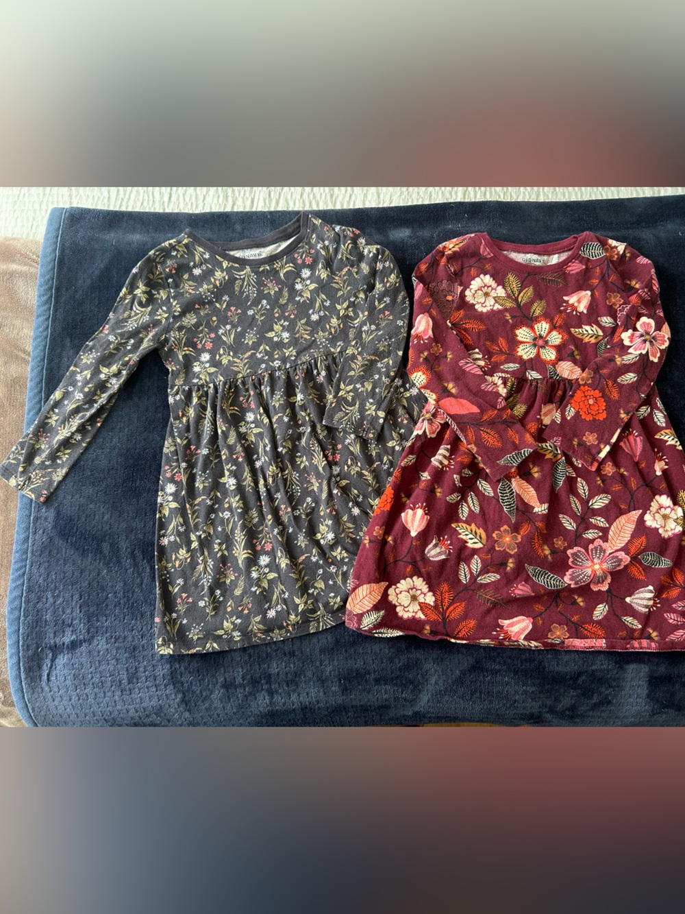 Toddler Gorls Floral Long-Sleeve Dresses- Burgundy and Charcoal